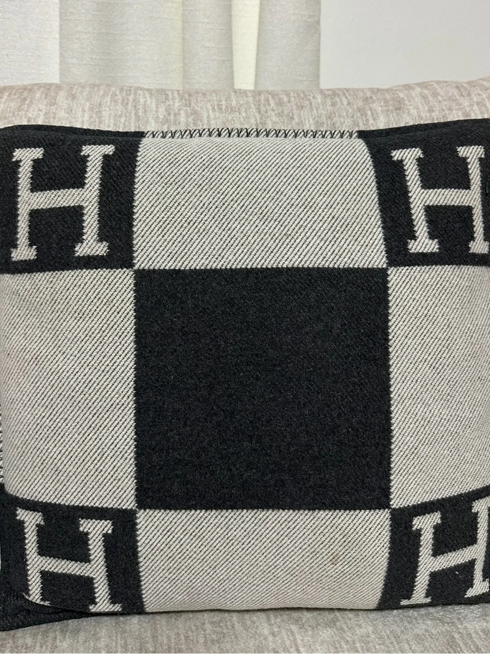 Hermes Black and Cream Checkerboard H Accent Pillow